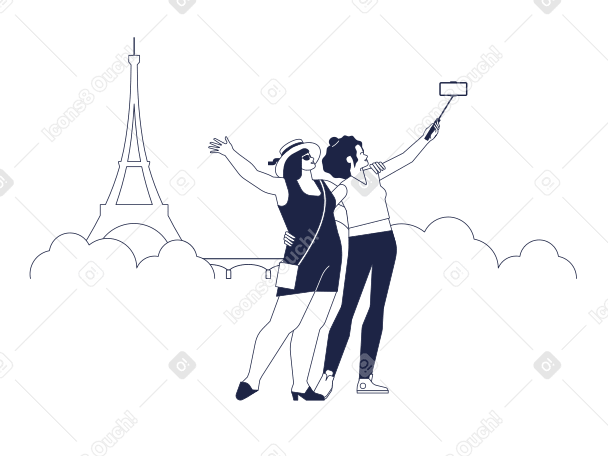 Un par de turistas se toman selfies contra el fondo de la torre eiffel y el puente PNG, SVG