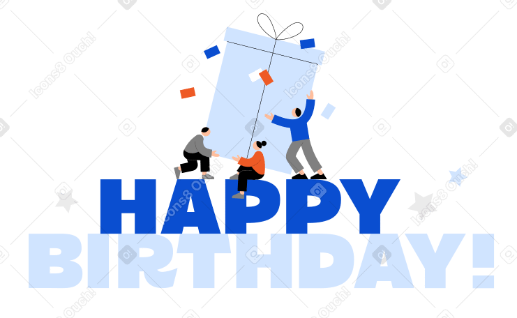 Lettering Happy Birthday! with people holding gift box text PNG, SVG