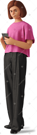 3D young woman standing with phone and smirking Illustration in PNG, SVG
