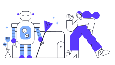 Mädchen ist glücklich mit dem reinigungsroboter PNG, SVG