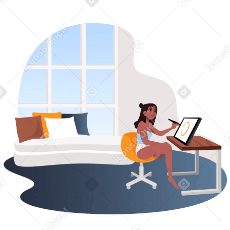 Designer illustrator working from home in a cozy room PNG, SVG