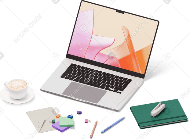 3D isometric view of laptop, envelope, notebooks, cup, sticky notes PNG, SVG