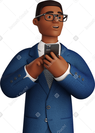 3D black businessman in blue suit with phone looking aside PNG, SVG