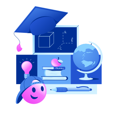 Graduate hat with chalk board, globe, pen and books PNG, SVG