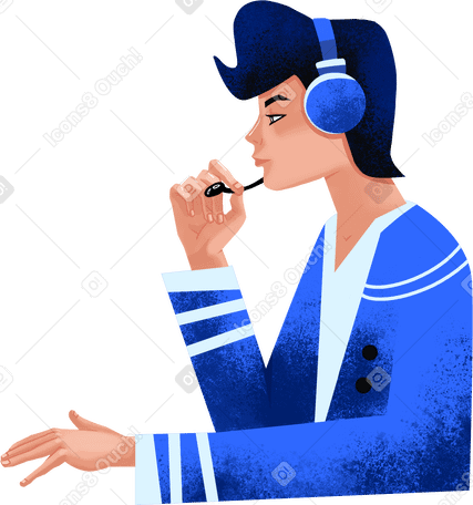 man in a blue jacket speaks into a microphone over headphones Illustration in PNG, SVG