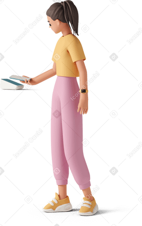 3D girl with payment terminal PNG, SVG