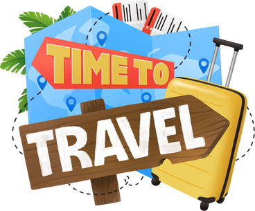 地図とスーツケースのテキストを使って旅行する時間をレタリングする PNG、SVG