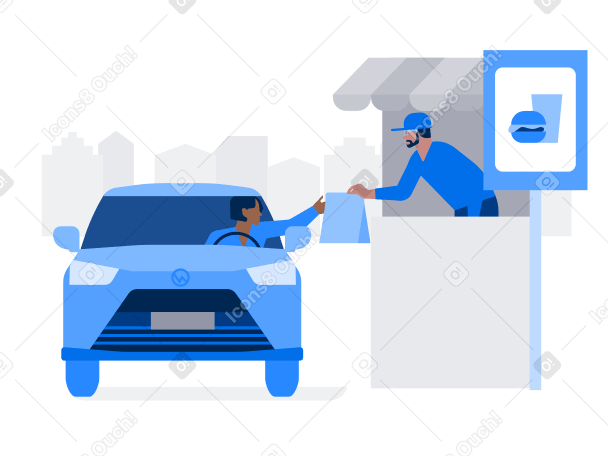 Man in car buys fast food at Mac Auto kiosk Illustration in PNG, SVG