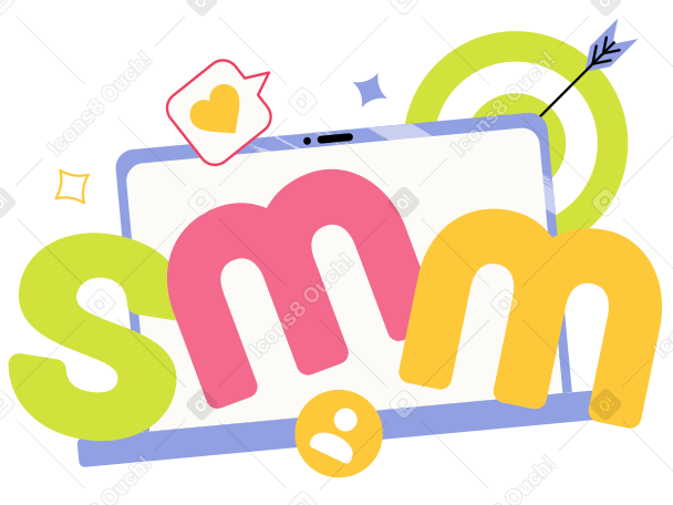 Letras smm com laptop, alvo e texto de sinais de mídia social PNG, SVG