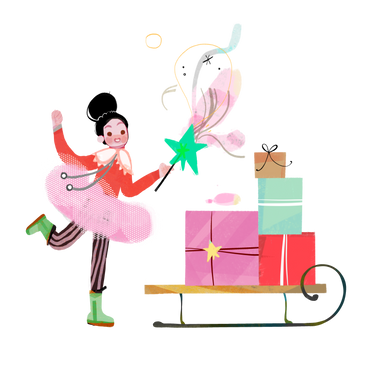 Girl with magic stick, sleigh and gifts for hoiday PNG, SVG