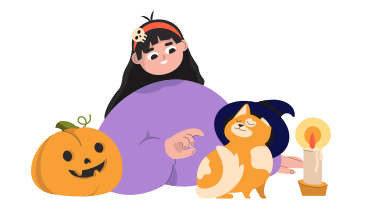 Girl and cat in witch hat celebrating halloween PNG, SVG
