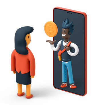Man in phone advertising crypto to a woman PNG, SVG
