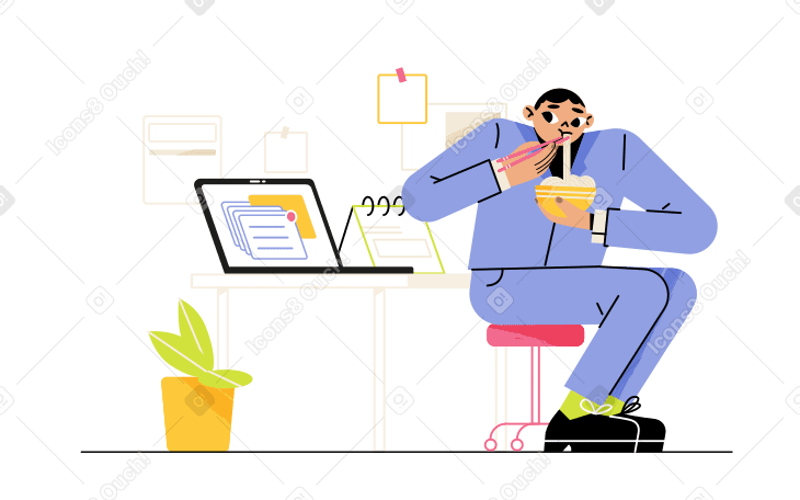 Man has lunch at his workplace in the office Illustration in PNG, SVG
