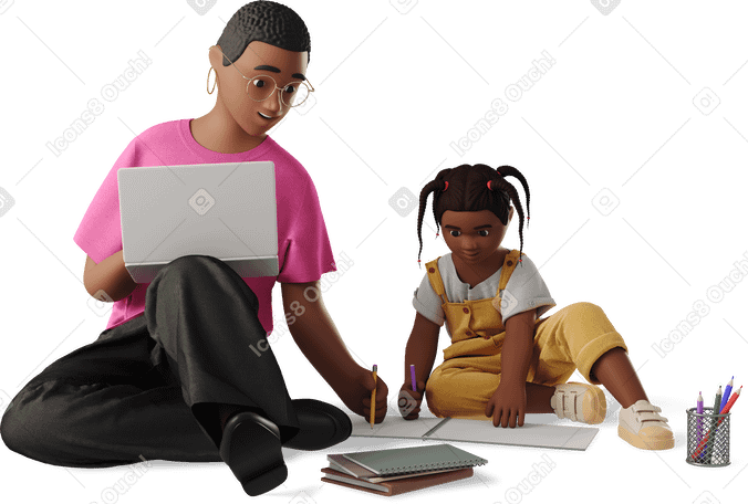 3D woman and little girl drawing together PNG, SVG