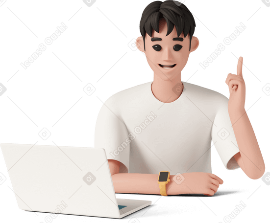3D smiling man with laptop raising his index finger PNG, SVG