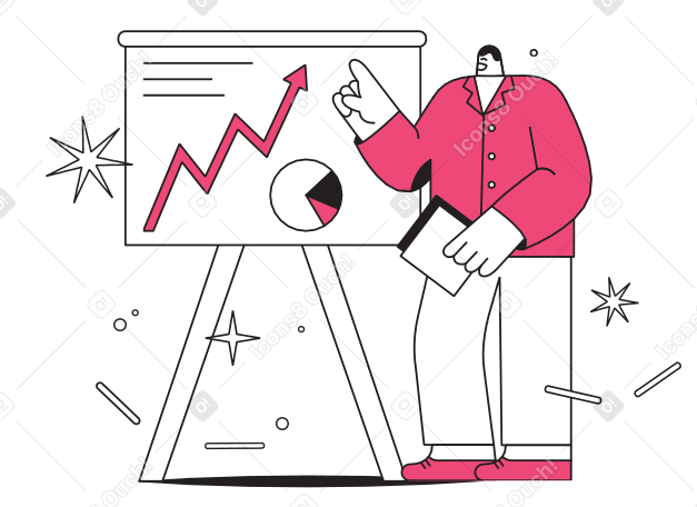 Man standing near board with graphs animated illustration in GIF, Lottie (JSON), AE