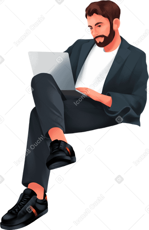 man in a suit sits with a laptop on his lap Illustration in PNG, SVG