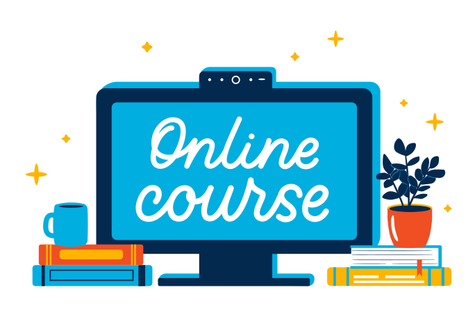 Online course lettering on the computer with books, a mug and a potted plant Illustration in PNG, SVG