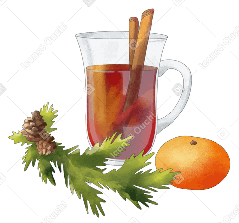 Mulled wine with spruce branch and mandarin Illustration in PNG, SVG