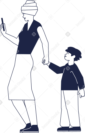 african mother with smartphone in her hand holds child s hand Illustration in PNG, SVG