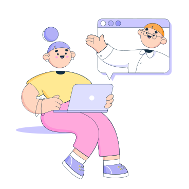 Sitting woman has a chat with her boss on computer PNG, SVG