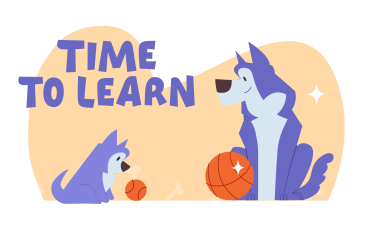 Zeit, schriftzüge zu lernen, während ein hund einem welpen das ballspielen beibringt PNG, SVG
