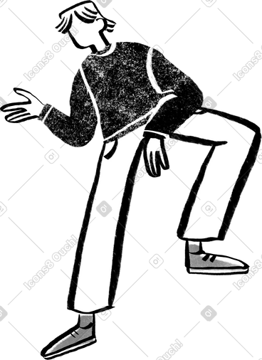 Black and white long haired man talking with his leg on something PNG, SVG