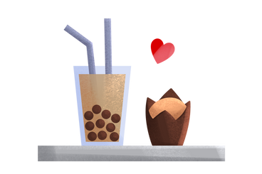 Tray with bubble tea and muffin PNG, SVG