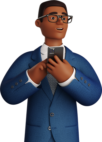 black businessman in blue suit with phone looking aside Illustration in PNG, SVG