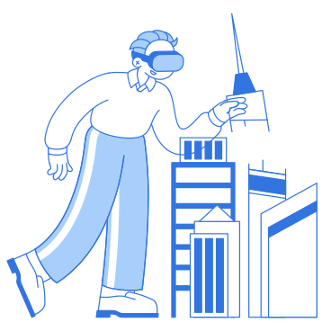 Giovane uomo che indossa un visore vr mentre costruisce un edificio PNG, SVG