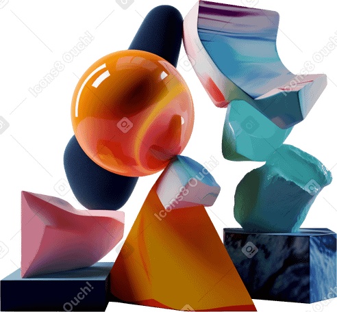 3D 具有浮动形状的彩色抽象雕塑 PNG, SVG