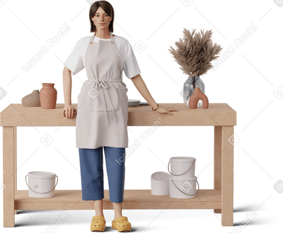 3D Молодая женщина в фартуке опирается на стол в PNG, SVG