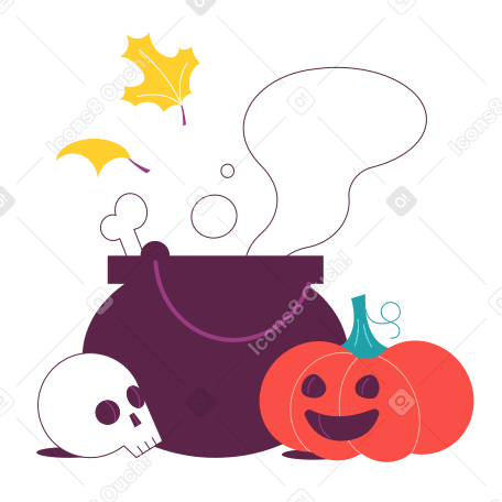 cauldron with skull and pumpkin PNG, SVG
