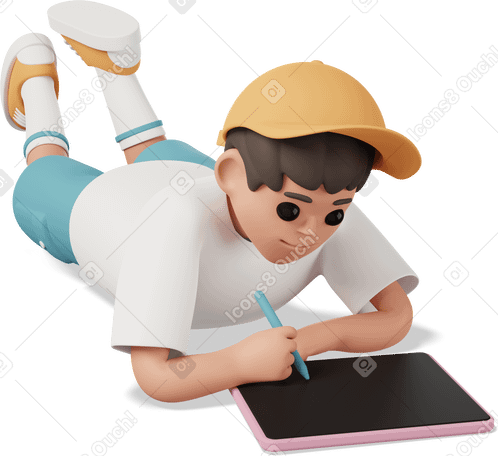 3D boy lying on stomach and using tablet with stylus in hand Illustration in PNG, SVG