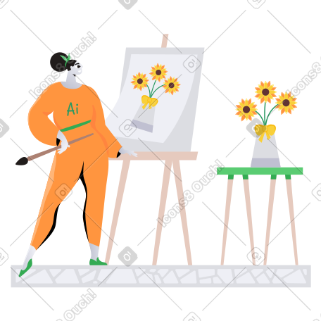 拟人化的人工智能在画布上画花 PNG, SVG