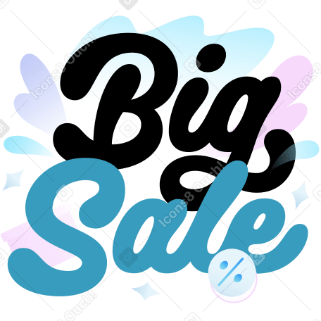 Надпись "большая распродажа" с подарочной коробкой и текстом знака процента в PNG, SVG