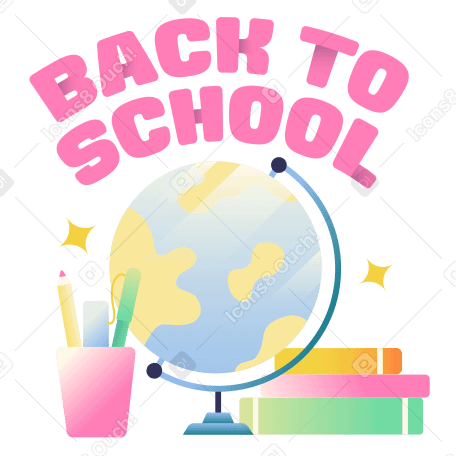 Письмо обратно в школу с глобусом, книгами и текстом карандашей в PNG, SVG