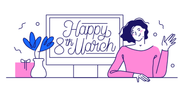 Надпись happy 8 марта с девушкой и подарками в PNG, SVG