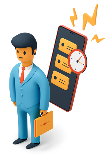 Businessman standing in front of smartphone with notifications and clock on screen PNG, SVG