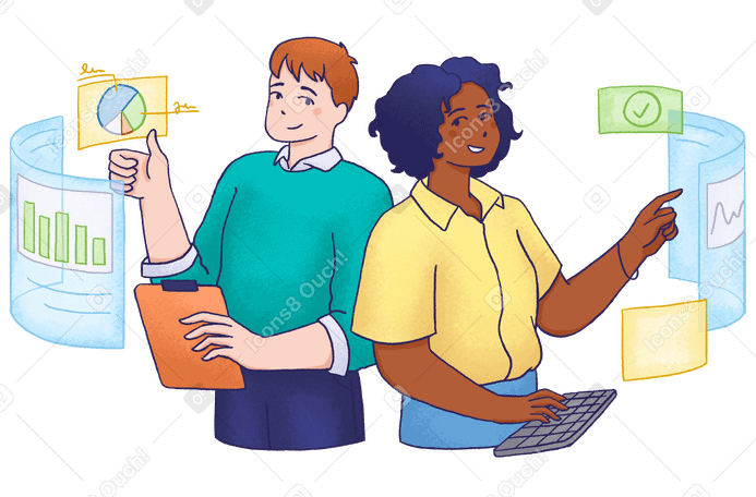 Man and woman working with virtual screens together PNG, SVG