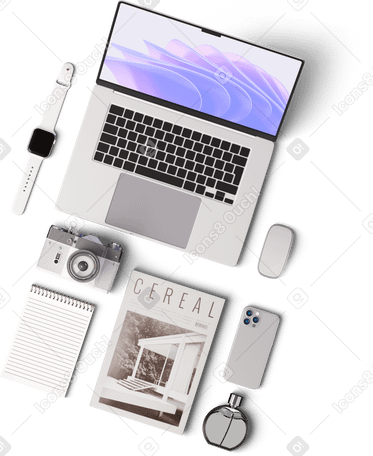 3D Vista dall'alto di laptop, smartphone, fotocamera, smartwatch e notebook PNG, SVG