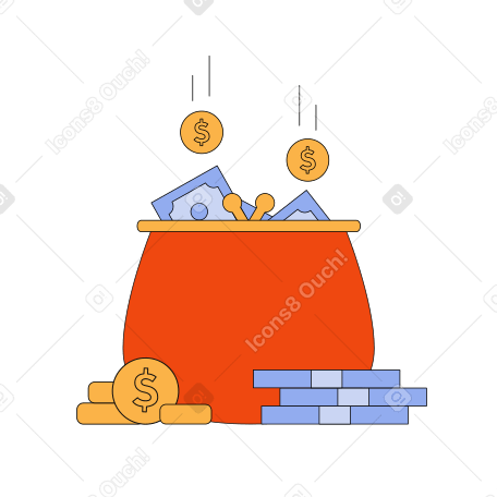 Purse with falling money and a wad of money Illustration in PNG, SVG
