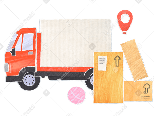 Red truck transports boxes of stuff to a certain point Illustration in PNG, SVG