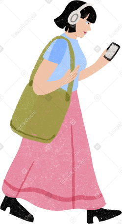 girl in a skirt and headphone walking while looking at her phone PNG, SVG