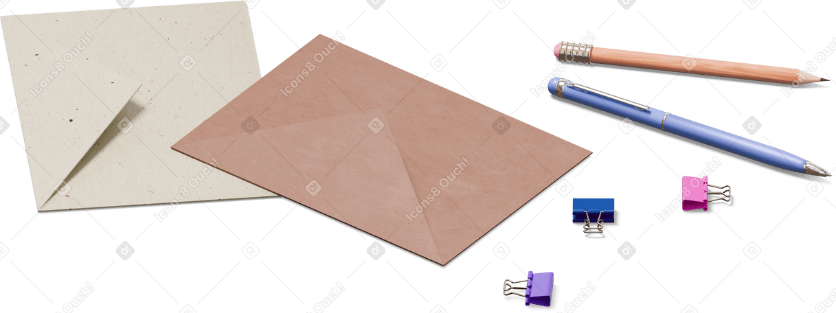 3D isometric view of envelopes, pen, pencil and paper clips PNG, SVG