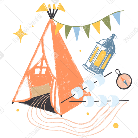Children's camping tent with lantern and marshmallows PNG, SVG
