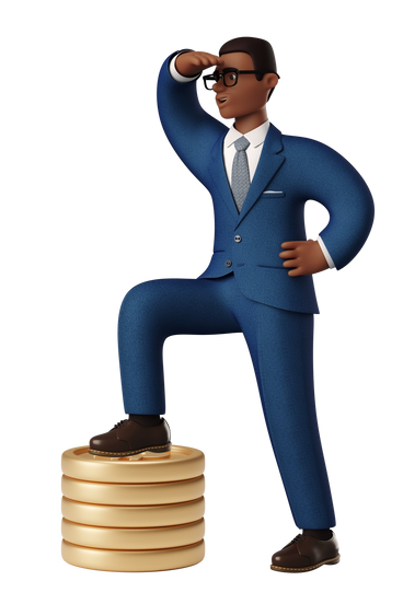 Businessman stepping on a stack of coins looking into distance PNG, SVG