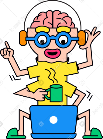 character with a mug working on a laptop PNG, SVG