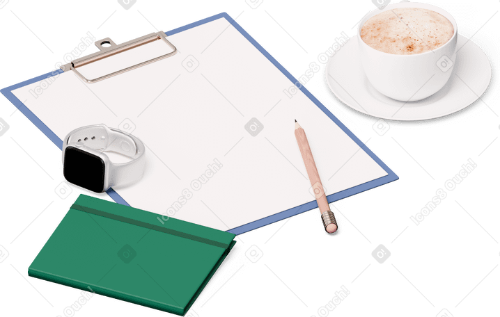 3D isometric view of clipboard, smartwatch, pencil, cup of coffee PNG, SVG