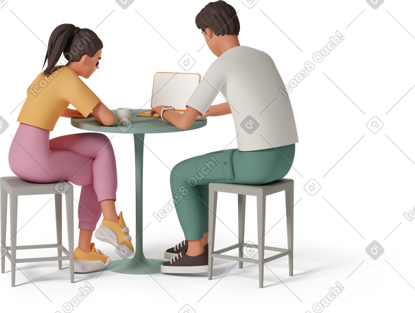 3D 女孩和男孩在笔记本电脑前一起工作 PNG, SVG